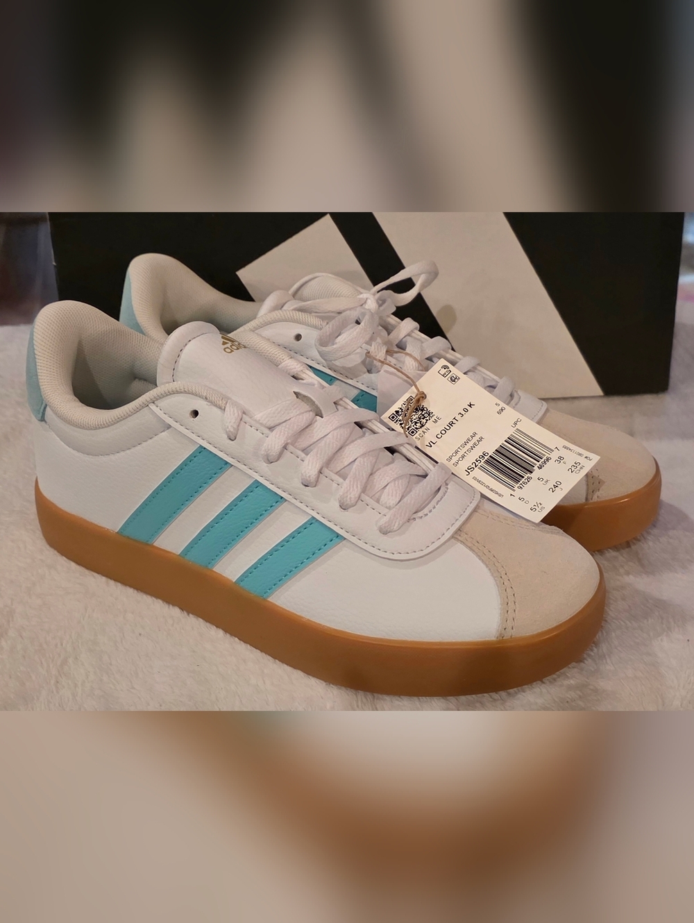 adidas White Sneakers with Aqua Stripes and Gum Sole - Picture 3 of 8